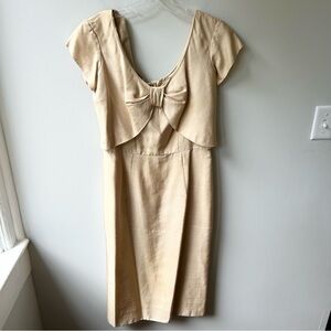 Vintage 1960s gold silk handmade sheath dress with front bow bodice detail
